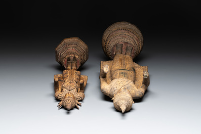 Two Thai mica-inlaid gilt bronze standing Buddhas in Rattanakosin-style, 19th C.