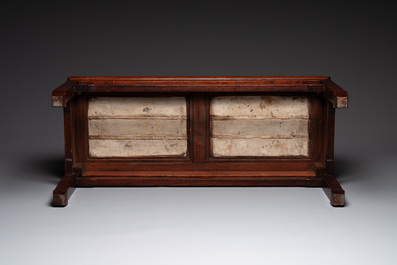 A Chinese hardwood low table with two famille rose plaques, Republic