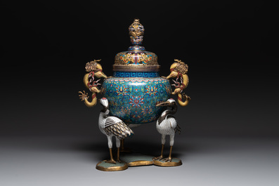 A pair of large and impressive Chinese cloisonn&eacute; 'dragons and cranes' censers and covers, 19/20th C.