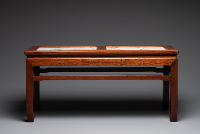 A Chinese hardwood low table with two famille rose plaques, Republic