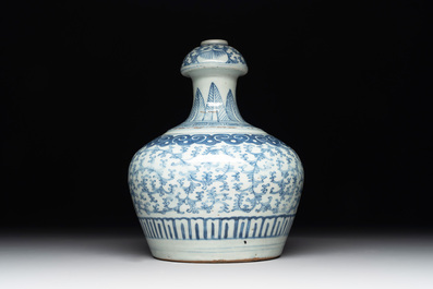 An unusual Chinese blue and white kendi, inscribed Tjienbielcie Tjantjekeng Surabaya, 19th C.