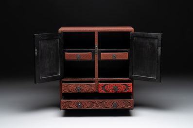 A Chinese cinnabar lacquer 'mountainous landscape' cabinet, 19th C.