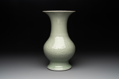A Chinese incised celadon-glazed 'chilong' vase, Kangxi