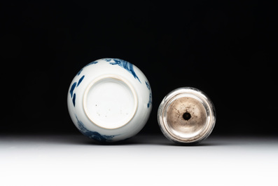 A Chinese blue and white 'Long Eliza and playing boys' tea caddy with silver mount and cover, Kangxi