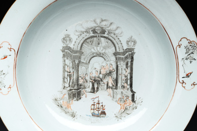 An extremely rare and large Chinese export porcelain European subject grisaille and gilt decorated 'marriage' basin, Qianlong, ca. 1750