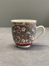 A Chinese famille rose dish, a teapot, a milk jug and a cup, Yongzheng/Qianlong