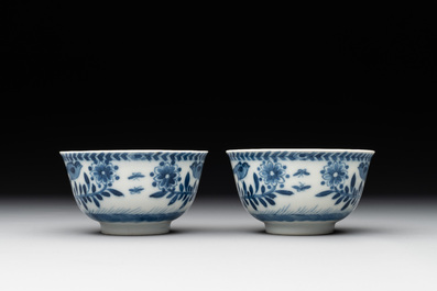 A pair of Chinese blue and white 'Catholic subject' cups and saucers with Madonna and child, Kangxi