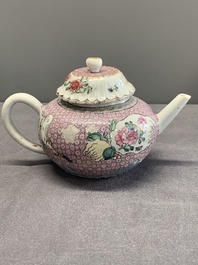 A Chinese famille rose dish, a teapot, a milk jug and a cup, Yongzheng/Qianlong