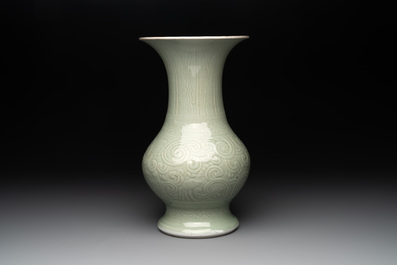 A Chinese incised celadon-glazed 'chilong' vase, Kangxi