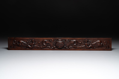 Five Baroque and Rococo wooden carvings and a fine farini&egrave;re or flour box, Flanders and France, 18th C.