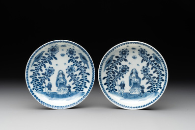 A pair of Chinese blue and white 'Catholic subject' cups and saucers with Madonna and child, Kangxi