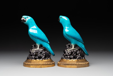 A pair of turquoise- and aubergine-glazed parrots with gilt bronze mounts, Kangxi
