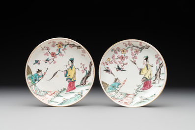 A pair of Chinese famille rose 'beloved by the river' cups and saucers, Yongzheng
