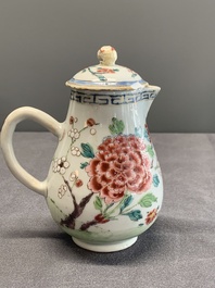 A Chinese famille rose dish, a teapot, a milk jug and a cup, Yongzheng/Qianlong