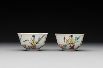 A pair of Chinese famille rose 'beloved by the river' cups and saucers, Yongzheng