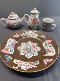 A Chinese famille rose dish, a teapot, a milk jug and a cup, Yongzheng/Qianlong