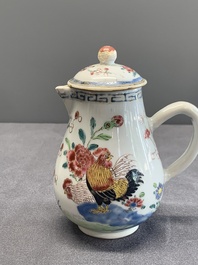A Chinese famille rose dish, a teapot, a milk jug and a cup, Yongzheng/Qianlong