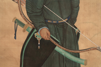 Chinese school: 'Manchu archer', ink and colour on silk, 18/19th C.