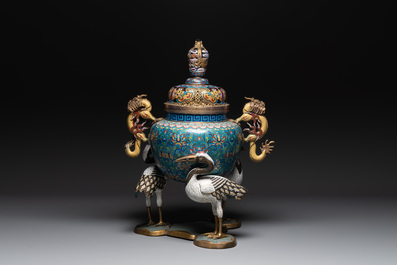 A pair of large and impressive Chinese cloisonn&eacute; 'dragons and cranes' censers and covers, 19/20th C.