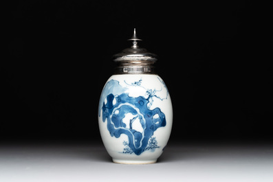 A Chinese blue and white 'Long Eliza and playing boys' tea caddy with silver mount and cover, Kangxi