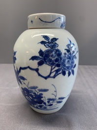 A Chinese blue and white jar and cover with birds among flowering branches, Transitional period