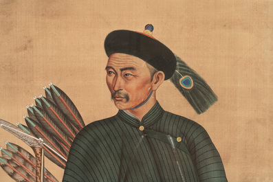 Chinese school: 'Manchu archer', ink and colour on silk, 18/19th C.