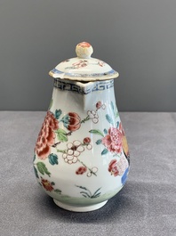 A Chinese famille rose dish, a teapot, a milk jug and a cup, Yongzheng/Qianlong