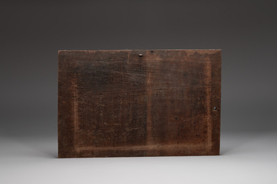 A Gothic carved oak front panel of a chest with arcades and rosettes, France, late 15th C.