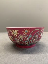 A Chinese famille rose ruby-ground 'peony' bowl, Yongzheng mark, 19/20th C.