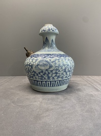An unusual Chinese blue and white kendi, inscribed Tjienbielcie Tjantjekeng Surabaya, 19th C.