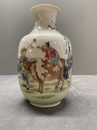 A pair of Chinese famille rose lantern-shaped vases with figures and cows, Qianlong mark, Republic