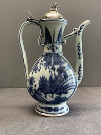 A Chinese silver-mounted blue and white ewer with figures in a landscape, Ming