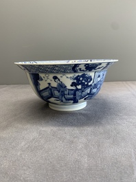 A Chinese blue and white 'klapmuts' bowl with figural design, Kangxi