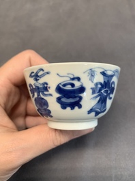 Seven Chinese blue and white cups and six saucers, Kangxi/Yongzheng