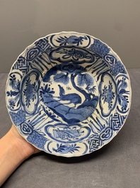 A fine Chinese blue and white 'kraak' porcelain 'deer' 'klapmuts' bowl, Wanli