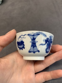 Seven Chinese blue and white cups and six saucers, Kangxi/Yongzheng
