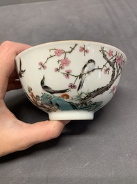 A Chinese famille rose bowl with birds amongst branches, 20th C.