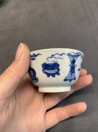 Seven Chinese blue and white cups and six saucers, Kangxi/Yongzheng