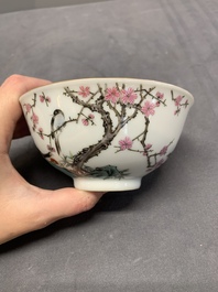 A Chinese famille rose bowl with birds amongst branches, 20th C.
