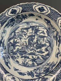 A Chinese Swatow blue and white dish with deer in a landscape, Ming