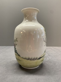 A pair of Chinese famille rose lantern-shaped vases with figures and cows, Qianlong mark, Republic