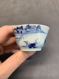 Seven Chinese blue and white cups and six saucers, Kangxi/Yongzheng