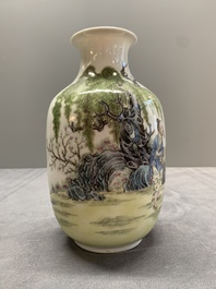 A pair of Chinese famille rose lantern-shaped vases with figures and cows, Qianlong mark, Republic