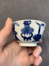 Seven Chinese blue and white cups and six saucers, Kangxi/Yongzheng