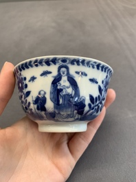 A pair of Chinese blue and white 'Catholic subject' cups and saucers with Madonna and child, Kangxi