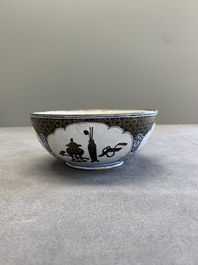 A pair of Chinese Canton enamel 'antiquities' bowls, Yongzheng/Qianlong