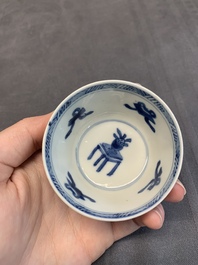 Seven Chinese blue and white cups and six saucers, Kangxi/Yongzheng