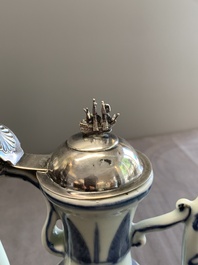 A Chinese silver-mounted blue and white ewer with figures in a landscape, Ming