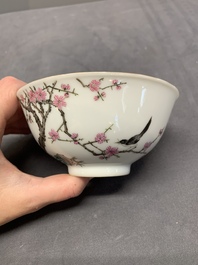A Chinese famille rose bowl with birds amongst branches, 20th C.