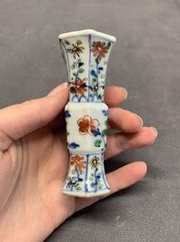 A rare Chinese famille verte garniture of five miniature vases with floral design, Kangxi
